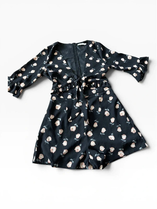 Pants - Vera & Lucy Black Floral Tie-Front Romper Playsuit Size S